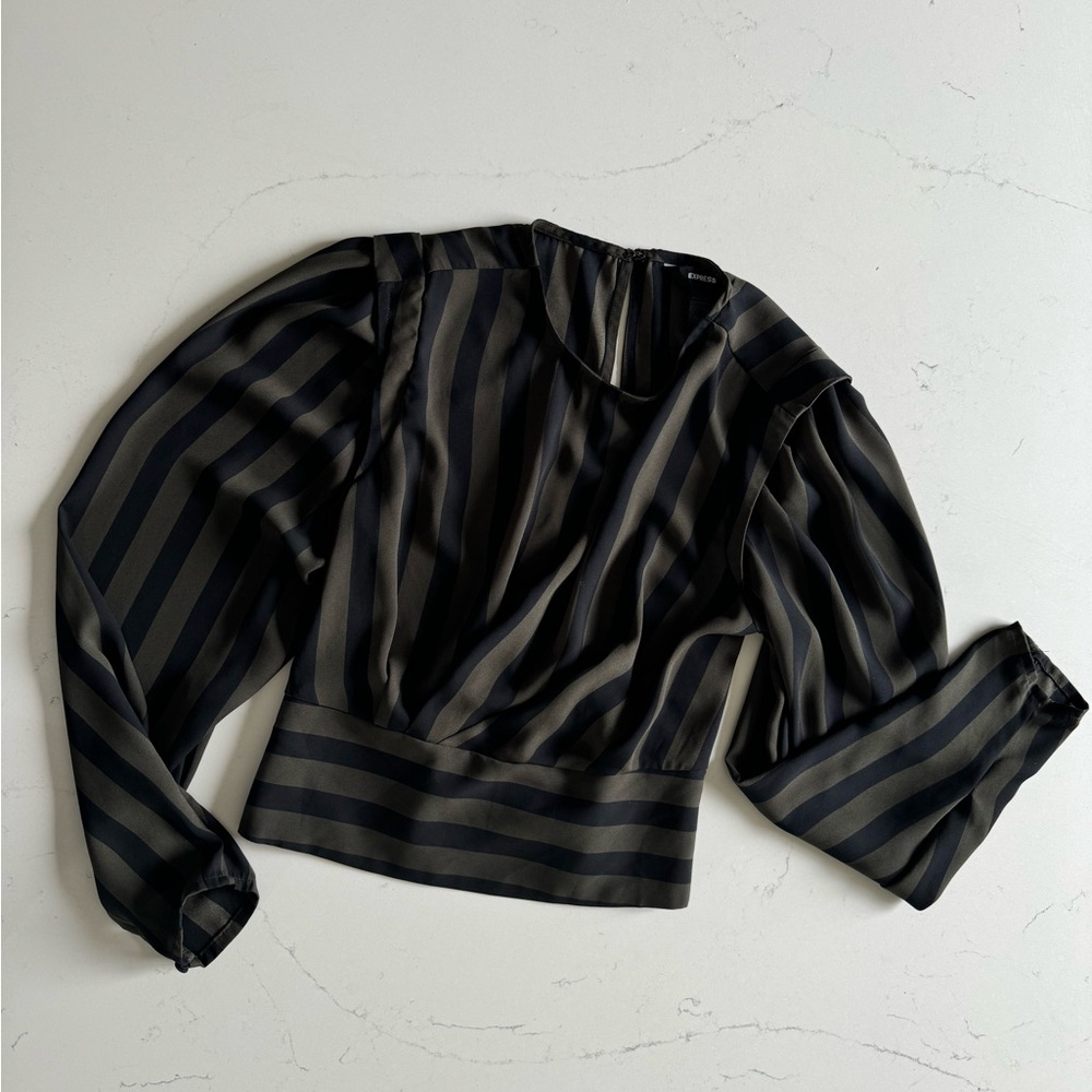 Long Sleeve Stripped Black and Tan Blouse XS
